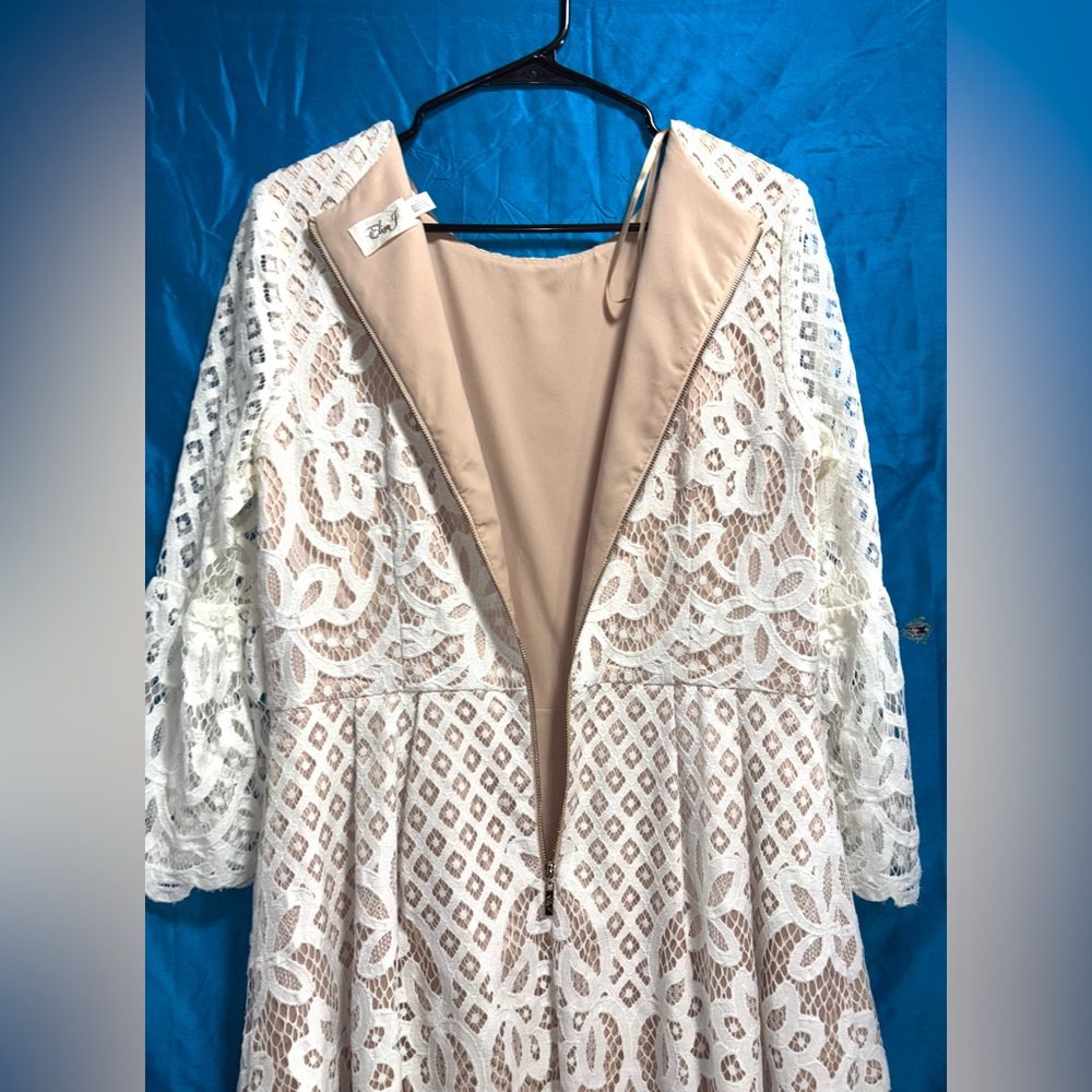 Eliza J Cream lace overlay 3/4 bell sleeve fit & flare mini dress women’s 14 - Picture 12 of 16